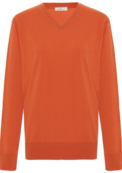 Mateo V Neck Pullover Yumuşak Tuşeli Mevsimlik Erkek Triko Kazak - Turuncu