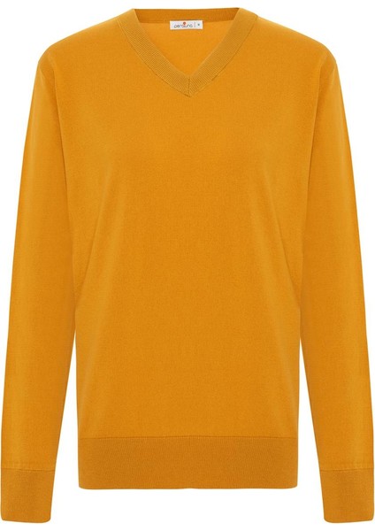Mateo V Neck Pullover Yumuşak Tuşeli Mevsimlik Erkek Triko Kazak - Hardal