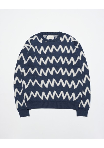Far Afield Drop Shoulder Knıt - Zıg Bisiklet Yaka Standart Kesim Zigzag Desen Erkek Triko Kazak - Lacivert indirimleri