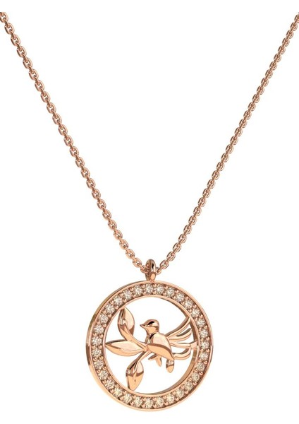 Zirkon Taşlı Rose Yuvarlak Kuş Yuvası Gümüş Kolye