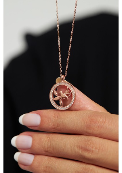 Zirkon Taşlı Rose Yuvarlak Kuş Yuvası Gümüş Kolye