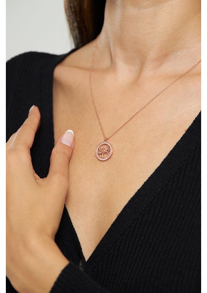 Zirkon Taşlı Rose Yuvarlak Kuş Yuvası Gümüş Kolye