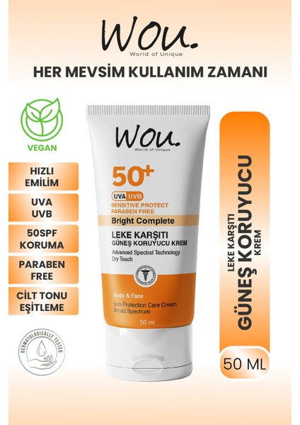 Leke Karşıtı Yüksek Koruma Güneş Kremi SPF50 50 ml Wou Yüksek Koruma Güneş Kremi