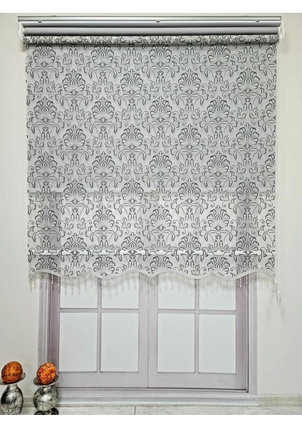 Desenli Boncuklu Çift Mekanizmalı Tül Stor Perde Gri Tsr5006b indirimleri