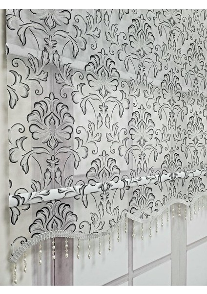 Desenli Boncuklu Çift Mekanizmalı Tül Stor Perde Gri Tsr5006b