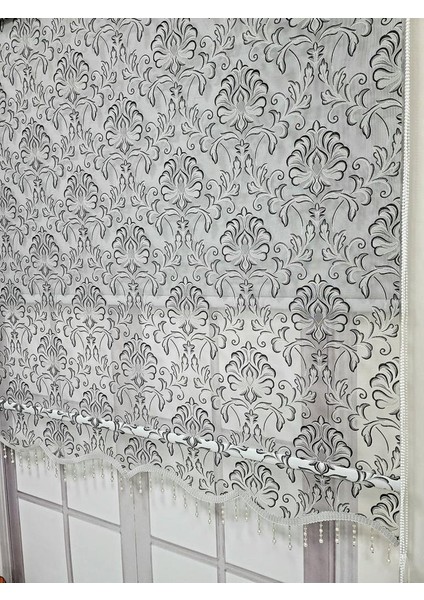 Desenli Boncuklu Çift Mekanizmalı Tül Stor Perde Gri Tsr5006b modelleri