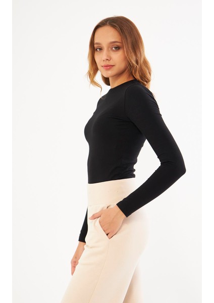 Siyah Kadın Basic Yuvarlak Yaka Uzun Kollu Bluz - Floris fırsatları