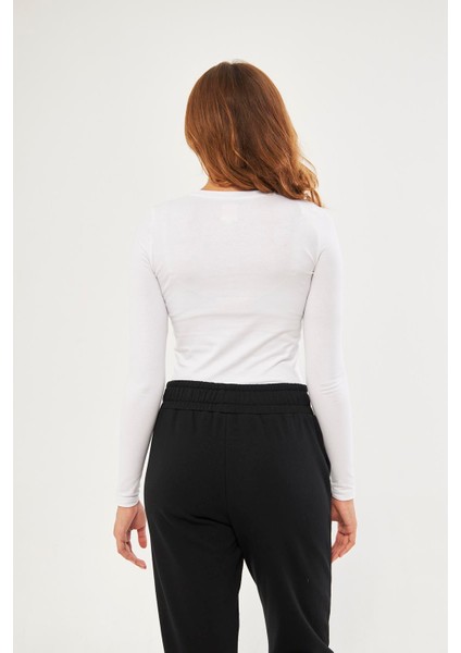 Beyaz Kadın Basic Yuvarlak Yaka Uzun Kollu Bluz - Floris indirimleri