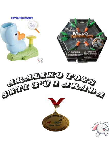 Özel Araliko Toys Seti 3'ü 1 Arada (Catching Games Mavi Köpek Uçan Disk Yakalama Oyunu +Micro Missiles Parmak Sapanı 6'lı Hex6 +Araliko Madalyası)