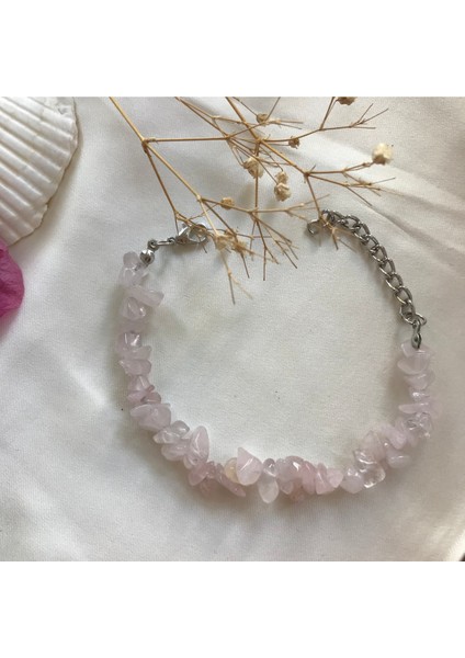 Pembe Kuvars Doğal Kırıktaş Kolye ve Bileklik Seti