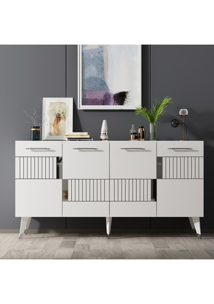 4 Kapaklı Moda Konsol Beyaz-Gümüş