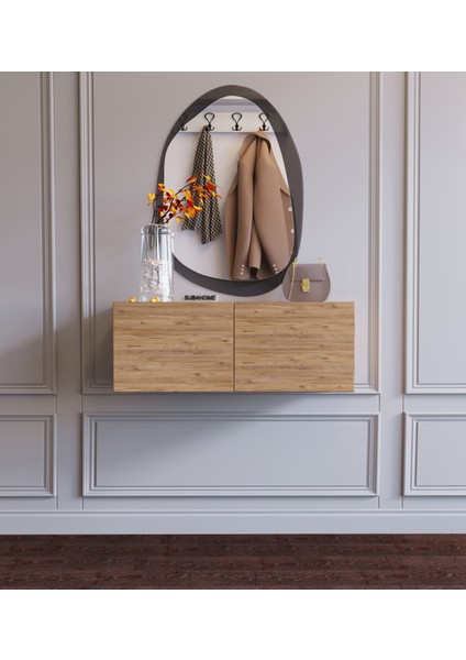 Subahome Duvara Monte Ahşap Görünümlü Mdf Fonksiyonel Modern Minimalist 2 Kapaklı Dresuar - 80 x 30 x 30