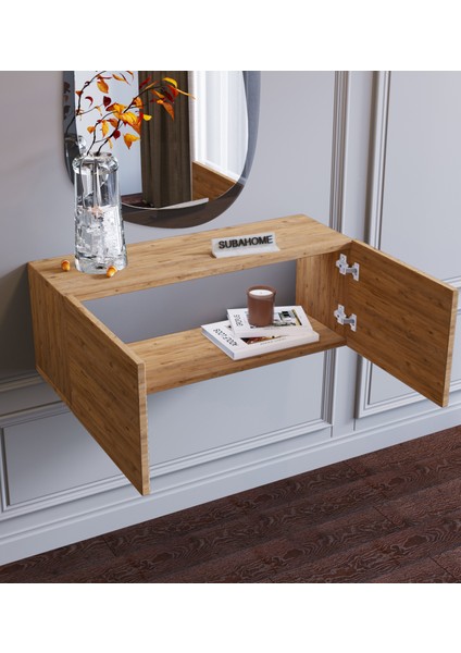 Subahome Duvara Monte Ahşap Görünümlü Mdf Fonksiyonel Modern Minimalist 2 Kapaklı Dresuar - 80 x 30 x 30