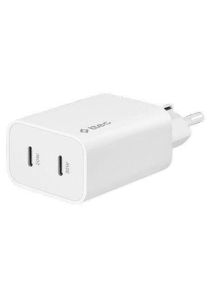 T.tec 2SCG01B Smartcharger Duo Pro Gan 50W Pd Seyahat Hızlı Şarj Aleti Usb-C + Usb-C Beyaz
