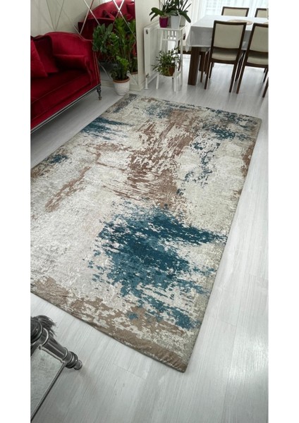 Yeni Desen Jet Kahve ve Turkuaz Model Kadife Halı Örtüsü