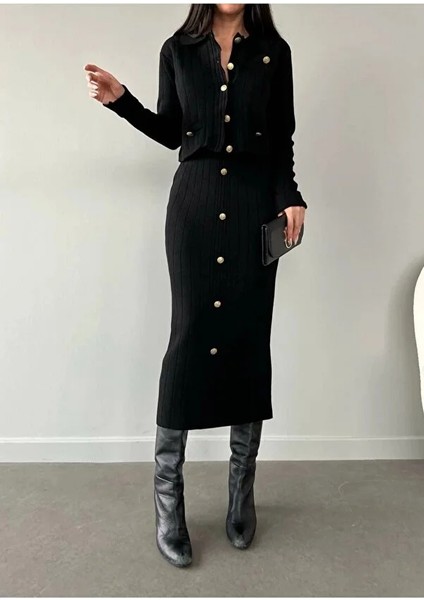 Hırka Etek Düğme Detaylı Alt-Üst Triko Takım