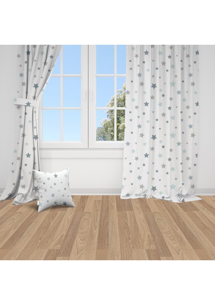 Mavi Yıldız, Ithal Kumaş, Çocuk ve Bebek Odası Fon Perde - 1 Kanat