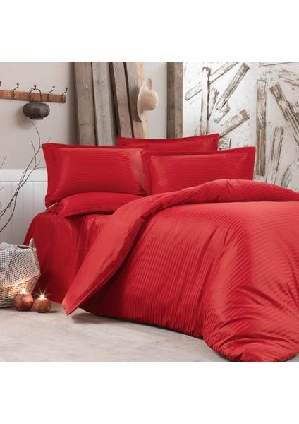 Pamuk Saten (Lastikli Çarşaflı) Çizgili Çift Kişilik Nevresim Takımı