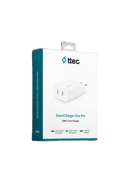 T.tec 2SCG01B Smartcharger Duo Pro Gan 50W Pd Seyahat Hızlı Şarj Aleti Usb-C + Usb-C Beyaz