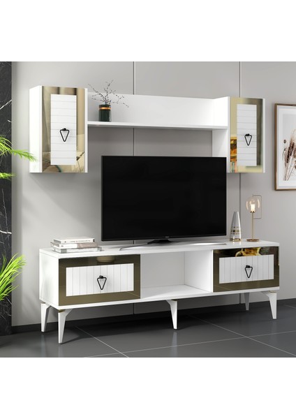 Linda Raflı Tv Ünitesi Takımı Beyaz-Altın fiyatları