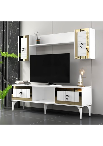 Linda Raflı Tv Ünitesi Takımı Beyaz-Altın modelleri