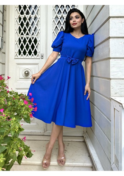 Karpuz Kol Kloş Midi Boy Krep Elbise