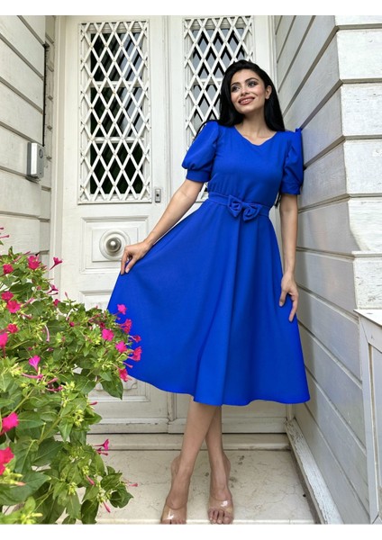 Karpuz Kol Kloş Midi Boy Krep Elbise fiyatları