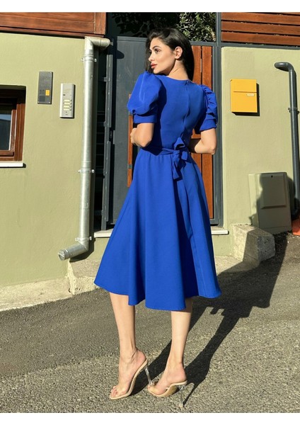 Karpuz Kol Kloş Midi Boy Krep Elbise modelleri