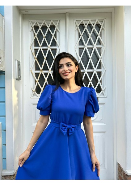 Karpuz Kol Kloş Midi Boy Krep Elbise fırsatları