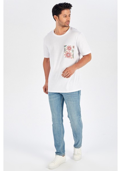 Tek Cepli Düz Kesim Uzun Erkek T-Shirt - Beyaz