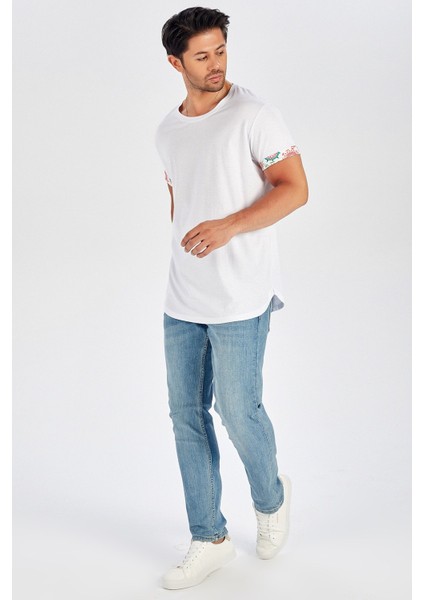 Kol Ucu Baskılı Uzun Erkek T-Shirt - Beyaz