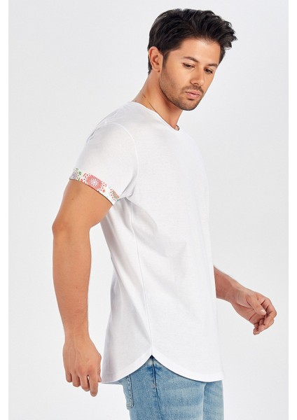 Kol Ucu Baskılı Uzun Erkek T-Shirt - Beyaz fırsatları