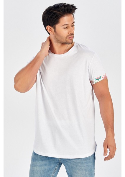 Kol Ucu Baskılı Uzun Erkek T-Shirt - Beyaz indirimleri