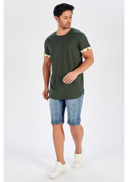 Kol Ucu Baskılı Uzun Erkek T-Shirt - Haki