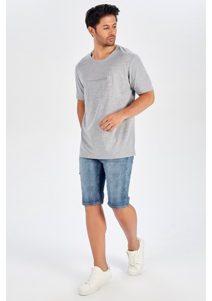 Göğüs Fermuarlı Uzun Erkek T-Shirt - Açık Gri Melanj