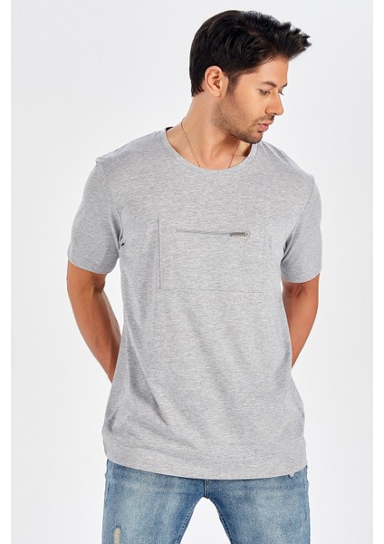 Göğüs Fermuarlı Uzun Erkek T-Shirt - Açık Gri Melanj fiyatları