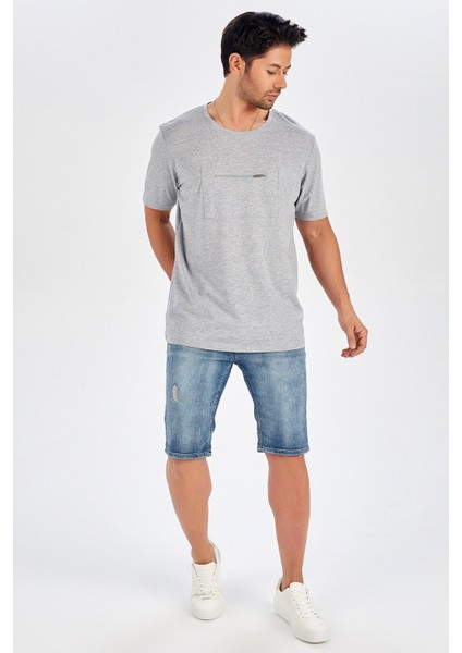 Göğüs Fermuarlı Uzun Erkek T-Shirt - Açık Gri Melanj fırsatları