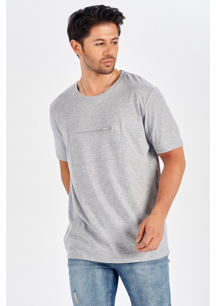 Göğüs Fermuarlı Uzun Erkek T-Shirt - Açık Gri Melanj indirimleri