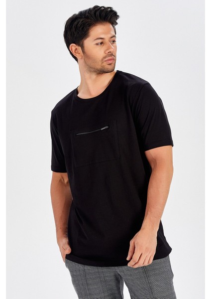 Göğüs Fermuarlı Uzun Erkek T-Shirt - Siyah fiyatları