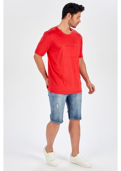 Göğüs Fermuarlı Uzun Erkek T-Shirt - Kırmızı