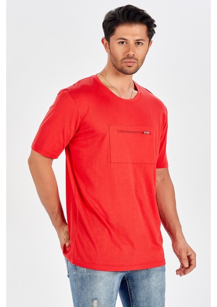 Göğüs Fermuarlı Uzun Erkek T-Shirt - Kırmızı fiyatları