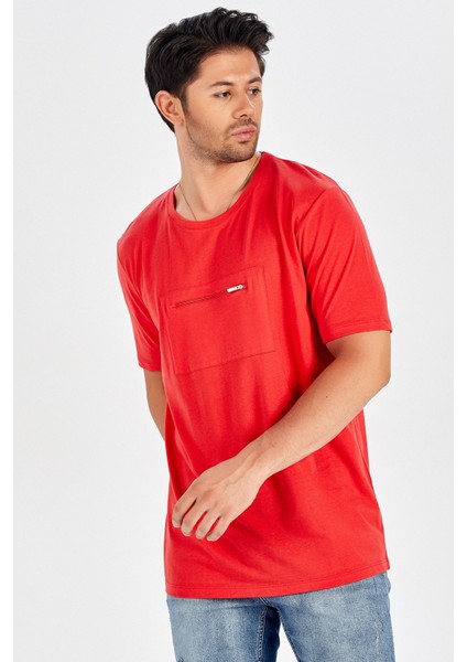 Göğüs Fermuarlı Uzun Erkek T-Shirt - Kırmızı indirimleri