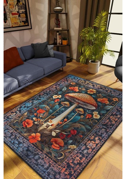 Art Deco Mantar Vintage Halı Görünümlü Dijital Baskı Renkli Halı Rustik Çiçekli Halı