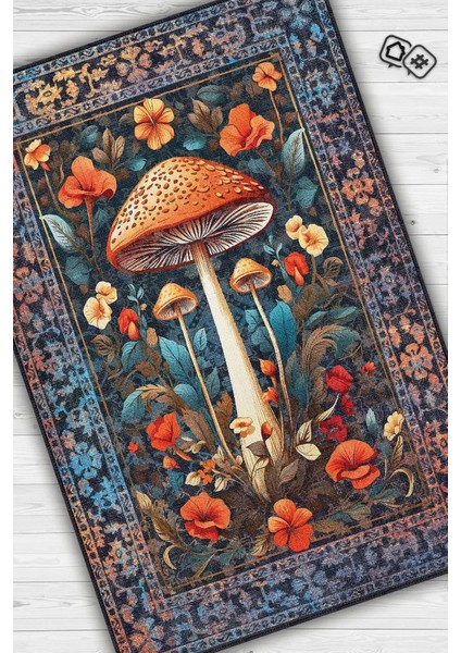 Art Deco Mantar Vintage Halı Görünümlü Dijital Baskı Renkli Halı Rustik Çiçekli Halı