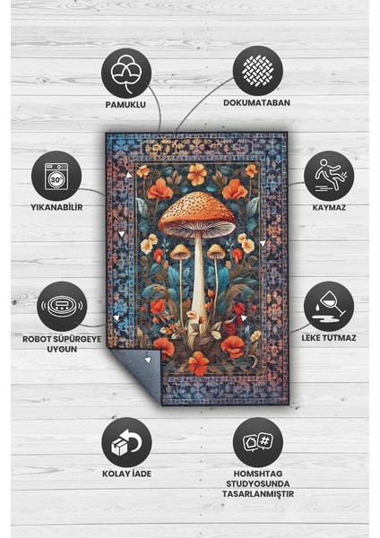 Art Deco Mantar Vintage Halı Görünümlü Dijital Baskı Renkli Halı Rustik Çiçekli Halı