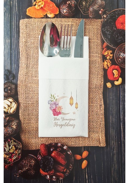 Kumaş Dokulu Iftar Yemeğime Hoşgeldiniz Yazılı Cepli Ramazan Peçetesi 6 Adet