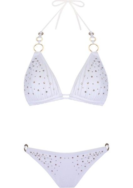 Swarovski Taşlı ve Halka Detaylı Beyaz Bikini Takımı