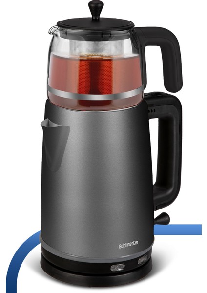 Dem Antrasit 2200 Watt Xl Paslanmaz Demlikli Cam Çelik Çay Makinesi ve Su Isıtıcısı