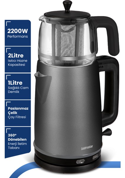 Dem Antrasit 2200 Watt Xl Paslanmaz Demlikli Cam Çelik Çay Makinesi ve Su Isıtıcısı