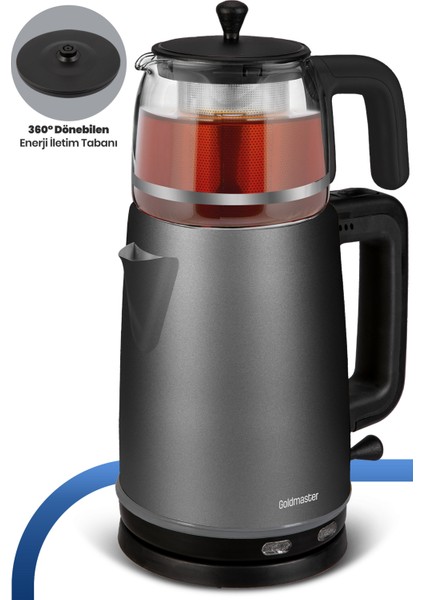 Dem Antrasit 2200 Watt Xl Paslanmaz Demlikli Cam Çelik Çay Makinesi ve Su Isıtıcısı